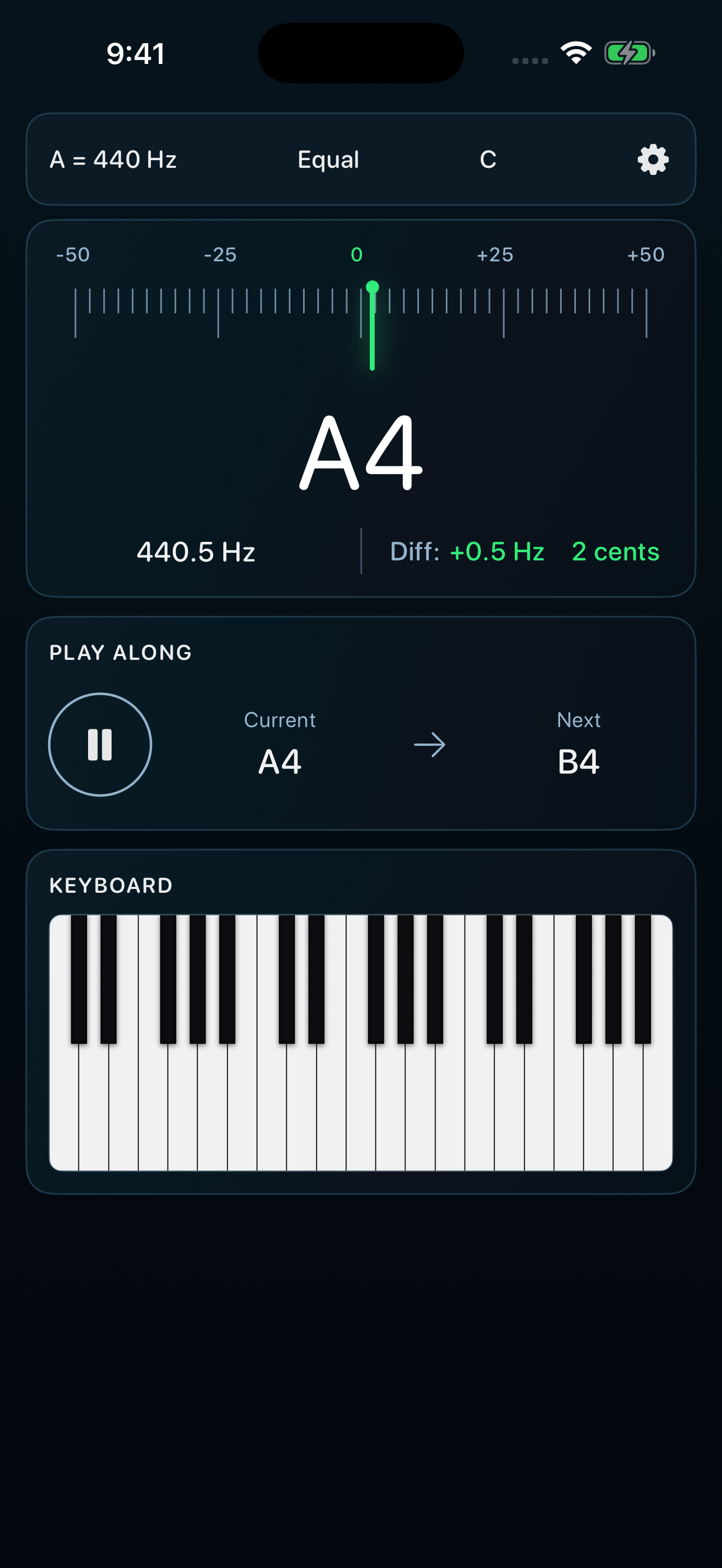 PitchCenter Play Along showing current note A4, next note B4, and the piano keyboard